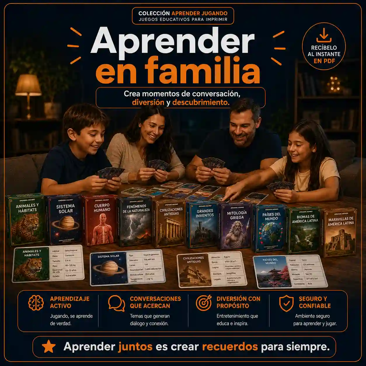 Família reunida aprendendo e se divertindo com os jogos de cartas educativos