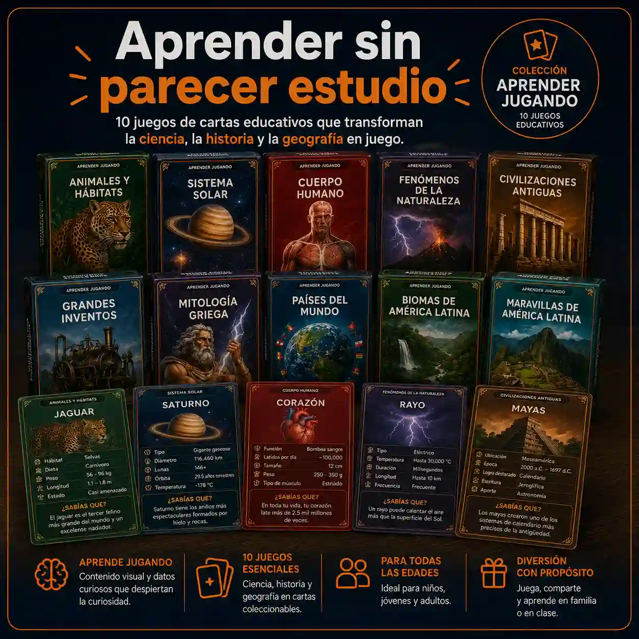 Colección Aprender Jugando com 10 jogos de cartas educativos